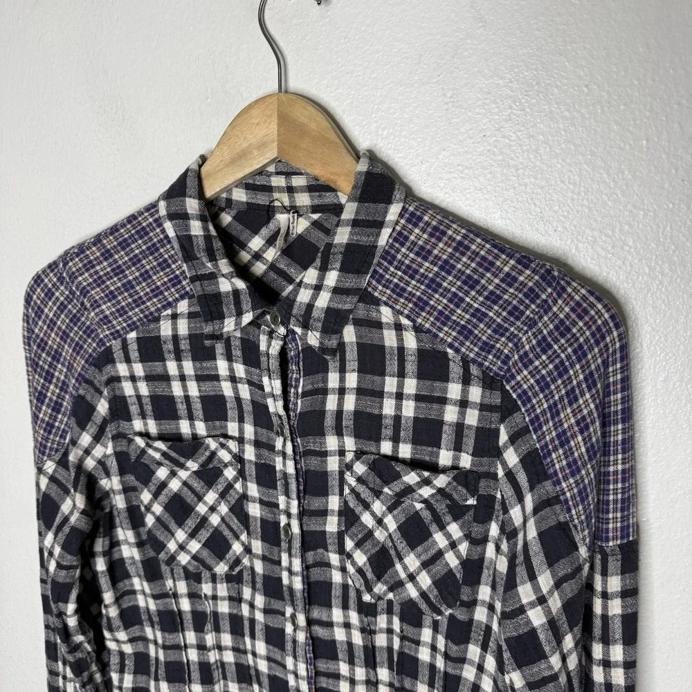 Free People Catch Up With Me Plaid Flannel Shirt Black Purple Womens Smal